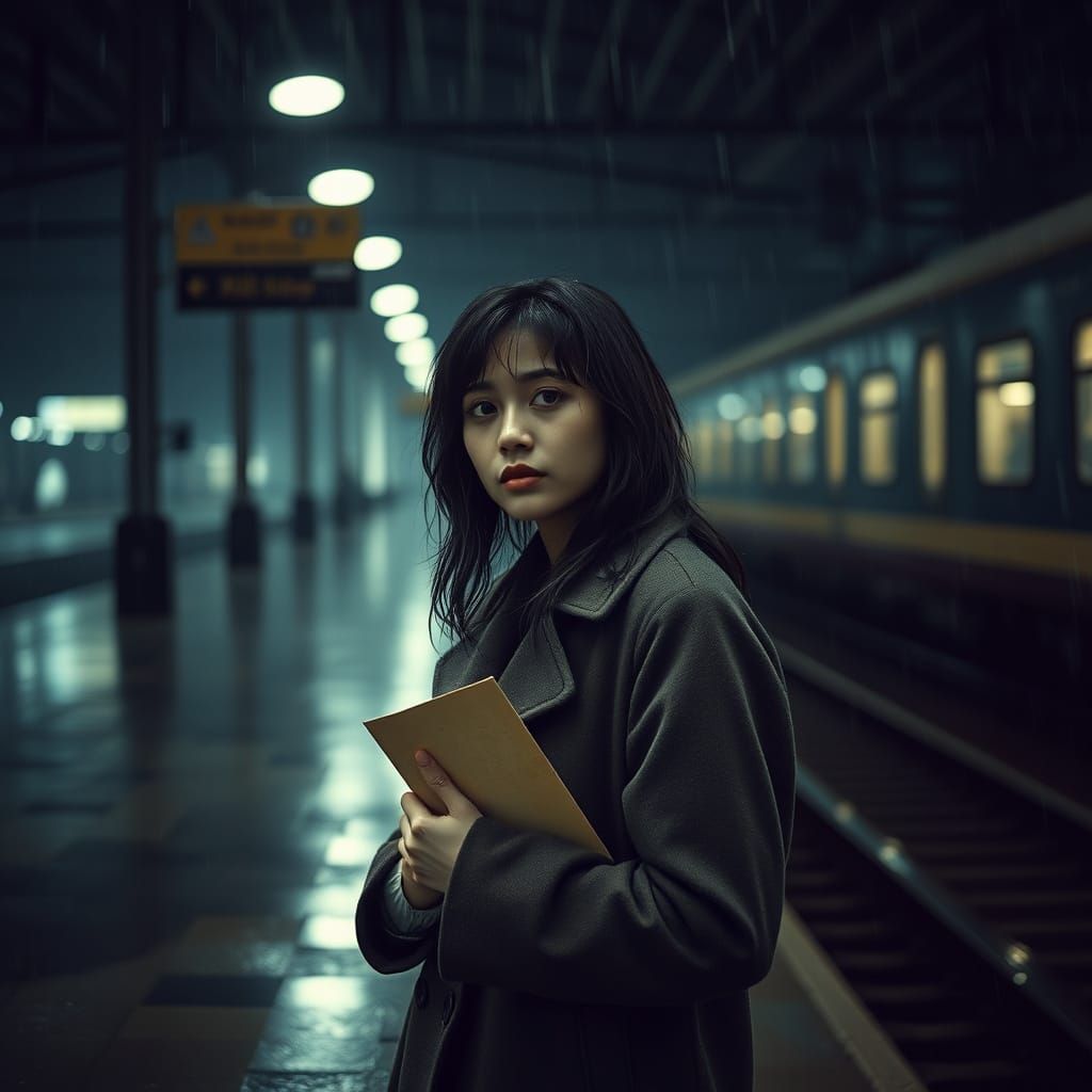 Melancholy Woman at Train Station in Rain