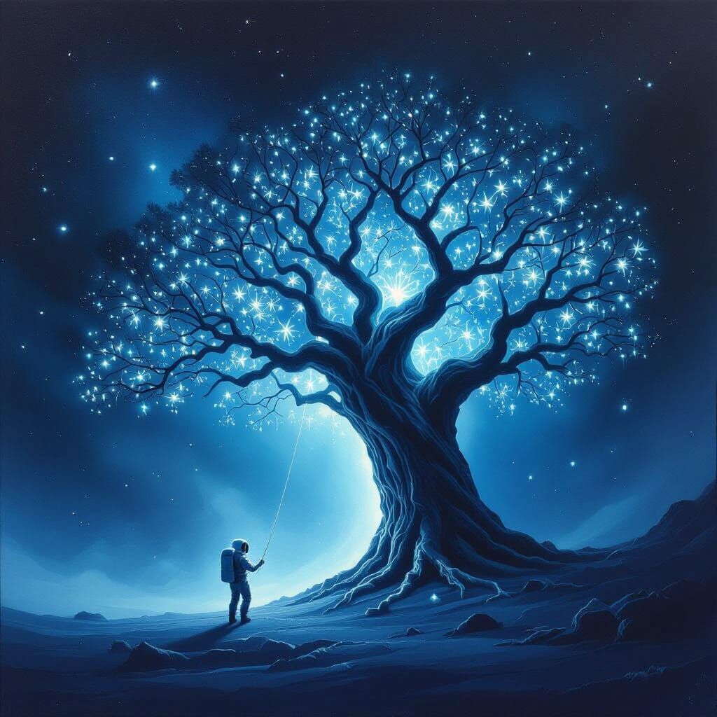 Astronaut Adrift Near Ancient Bioluminescent Tree in Nebula