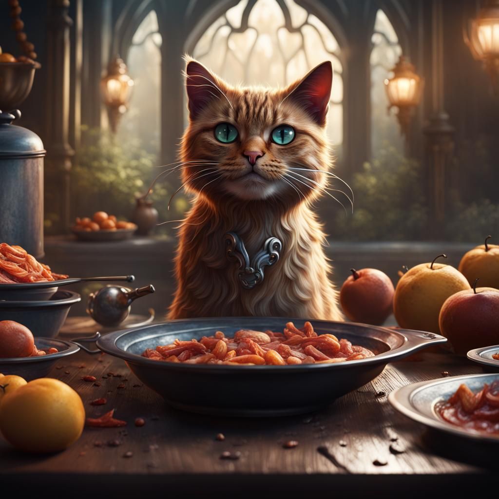Detailed Matte Painting of a Hungry Cat