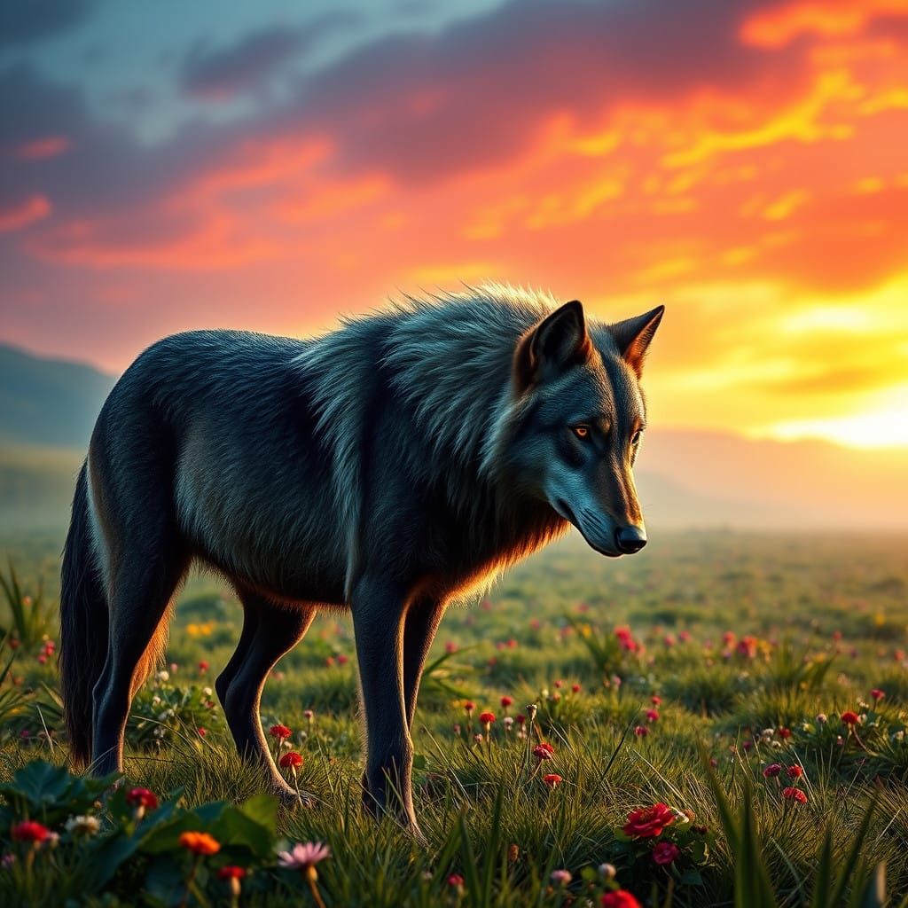 Hyper-Realistic Dire Wolf in a Lush Horse Field