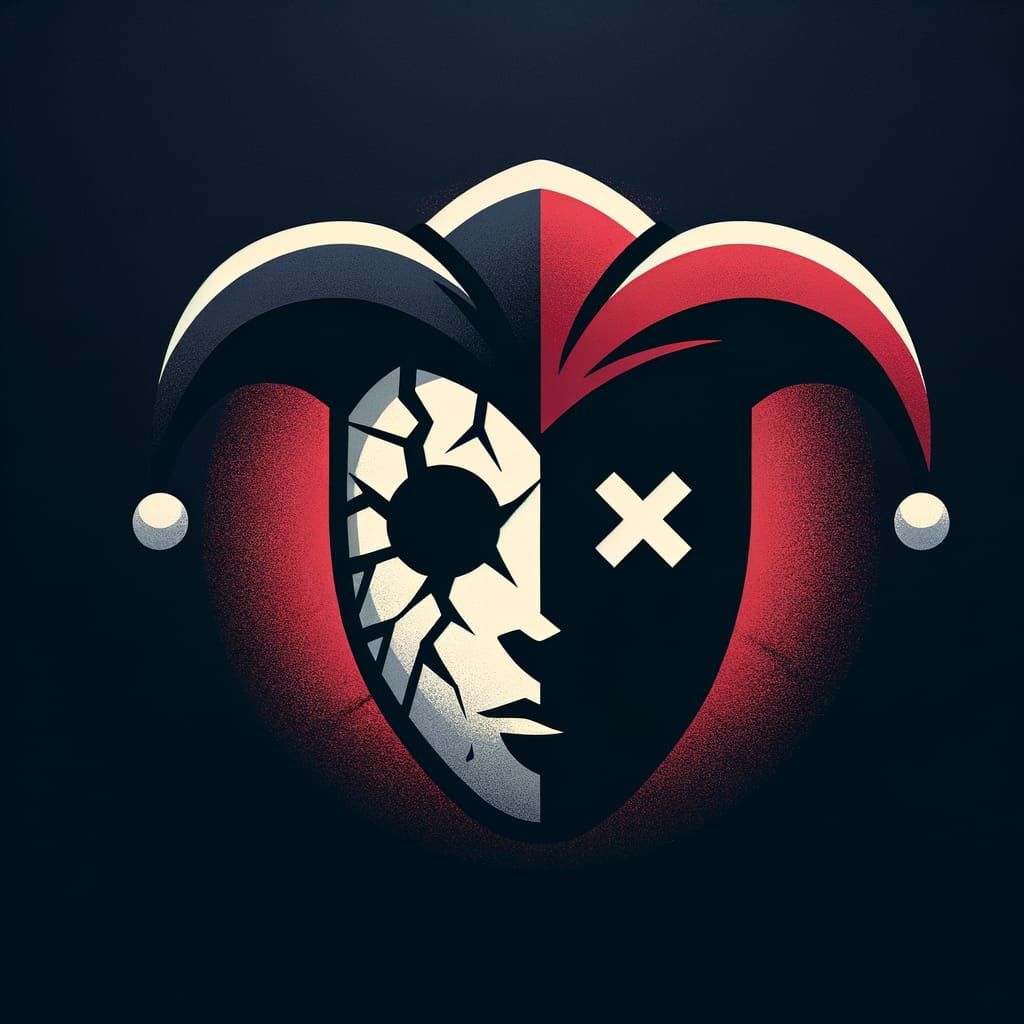 Jester Hat Logo with Cracked Face and Glowing Eye