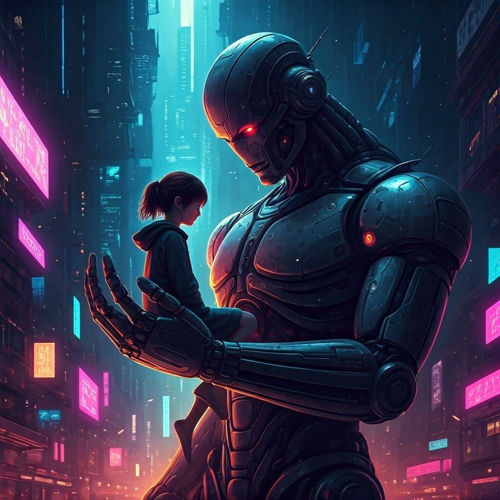 Cyborg's Gentle Embrace in Neon Cyberpunk City