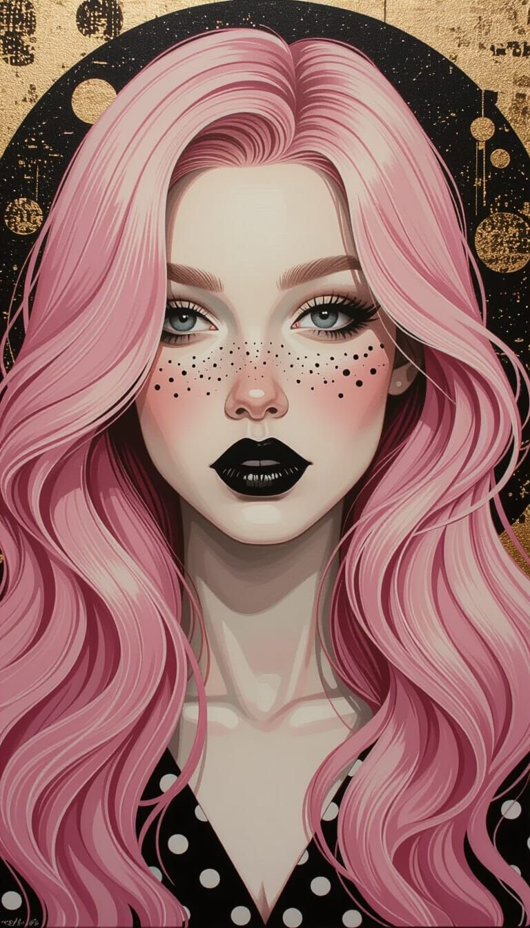 Majestic Young Woman with Pink Hair in Polka Dot Lips