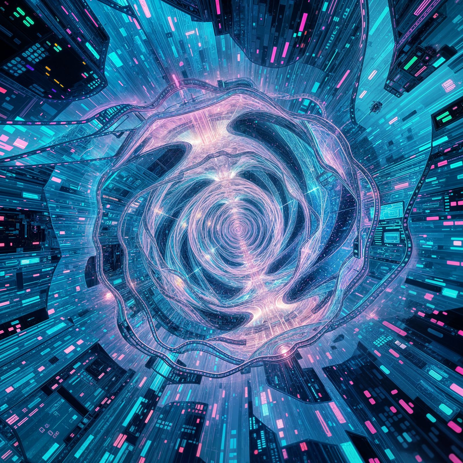 Vortex of Iridescent, Holographic Pixels in Futuristic Fanta...