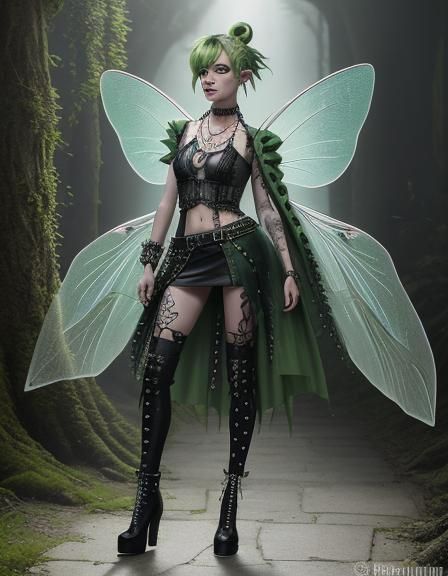 Green Punk Fairy on Catwalk in Photorealistic Style