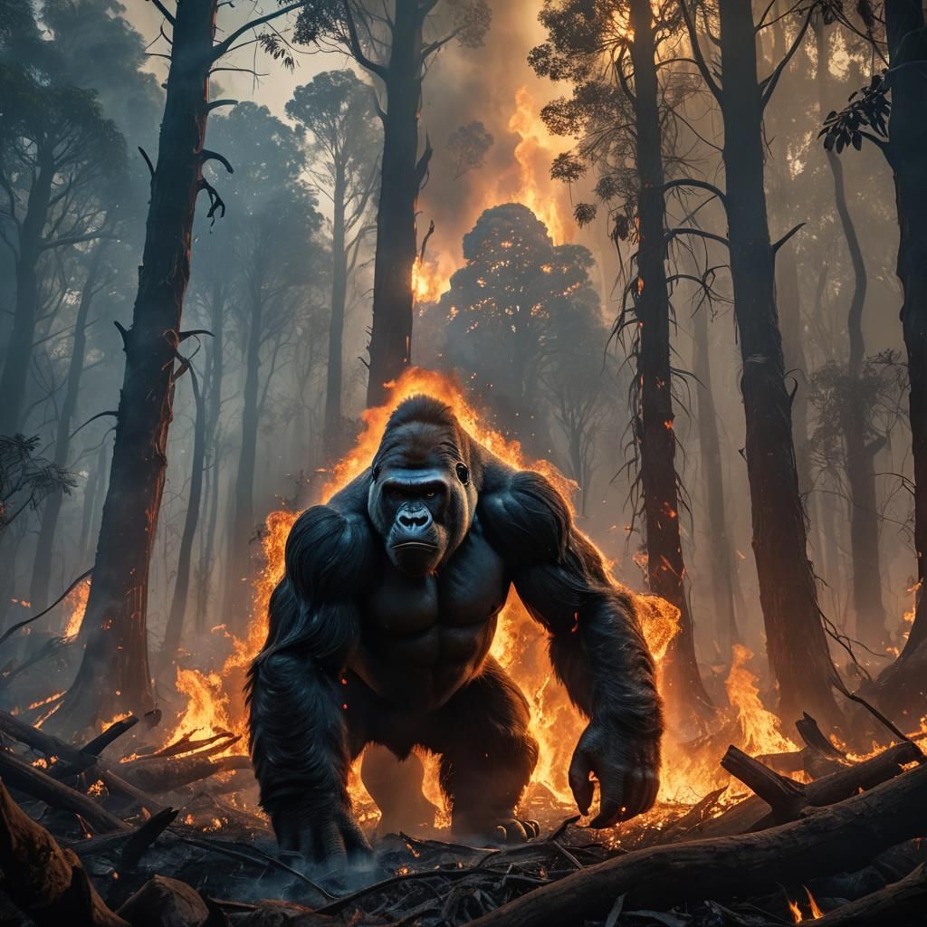Silverback Gorilla in Burning Forest: Fantasy Matte Painting