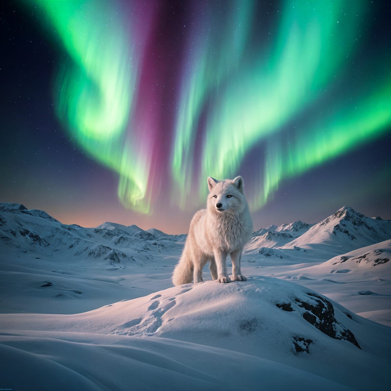 Arctic Fox Gazing at Northern Lights, Hyperrealistic Style