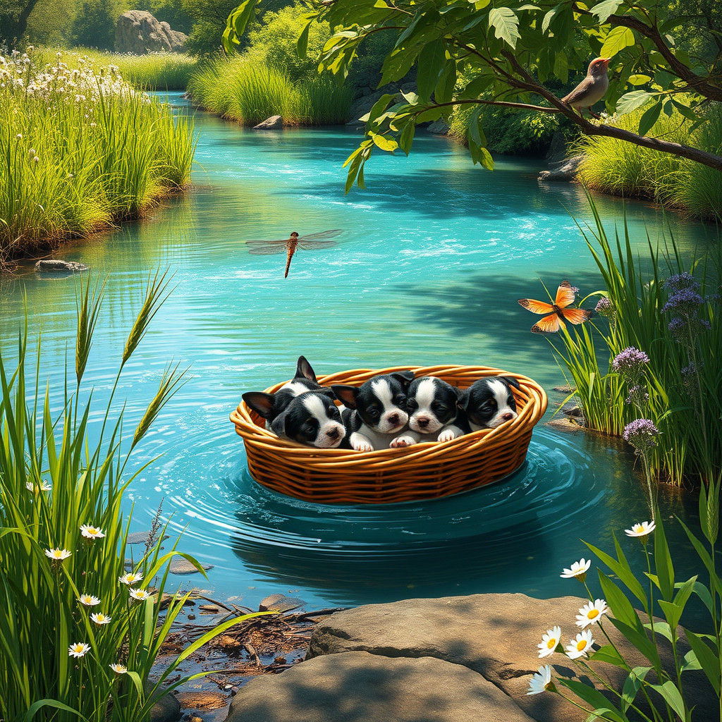 Boston Terrier Puppies Drifting on Turquoise Stream