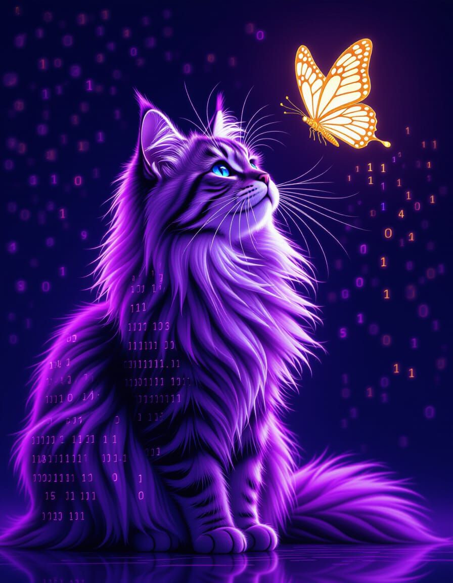 Elegant Cat Made of Binary Code with Digital Butterfly