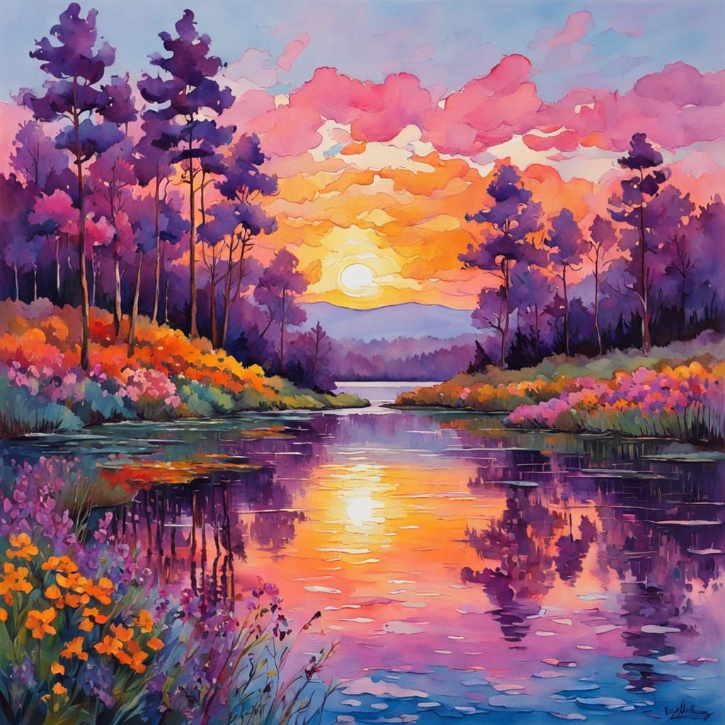 Serene Lake at Sunset Watercolor Painting with Wildflowers