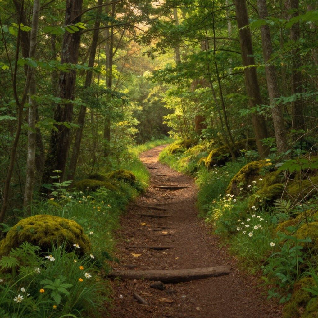 Lush Green Hiking Trail in Sunlit Forest