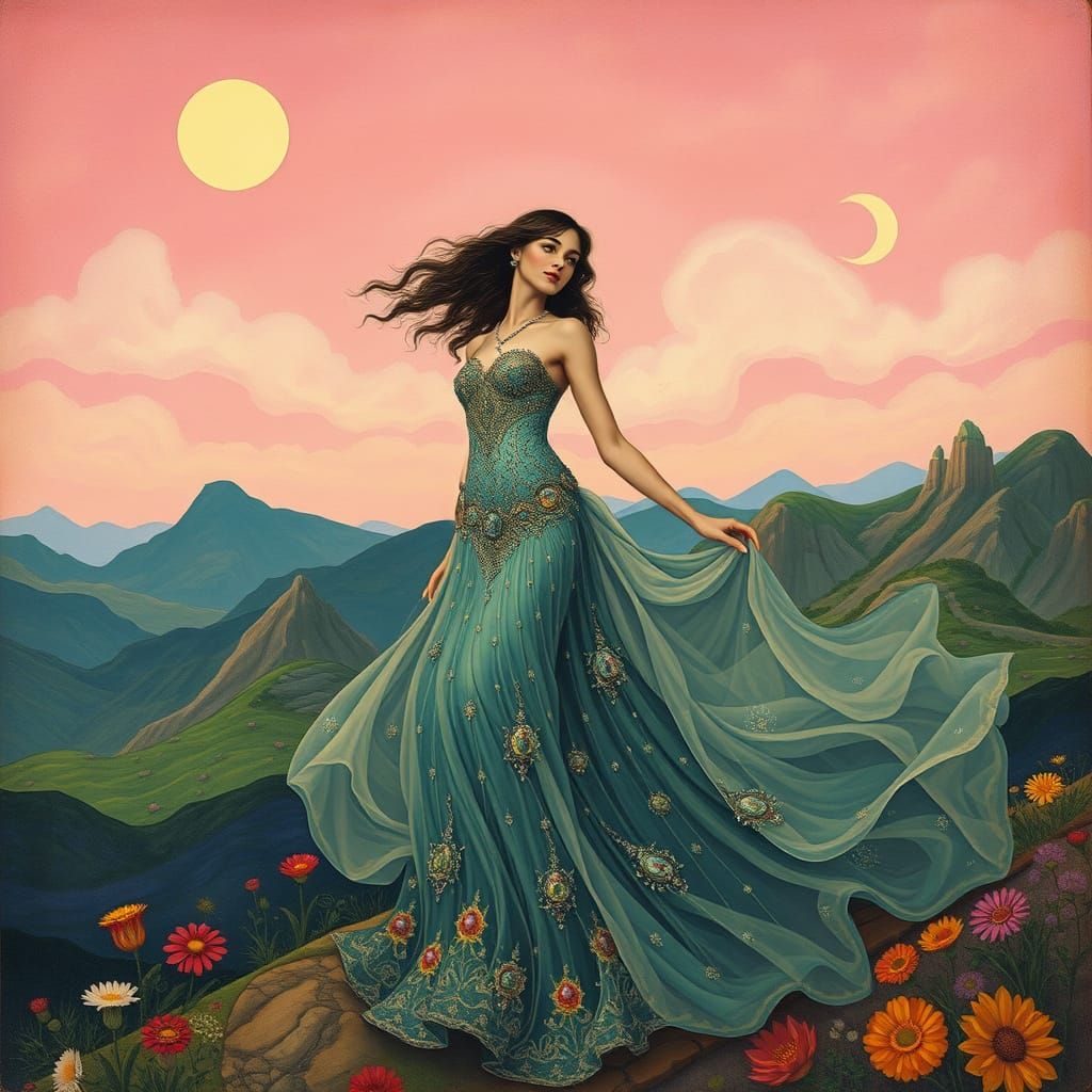 Dreamlike Woman in Pink Midnight Sky