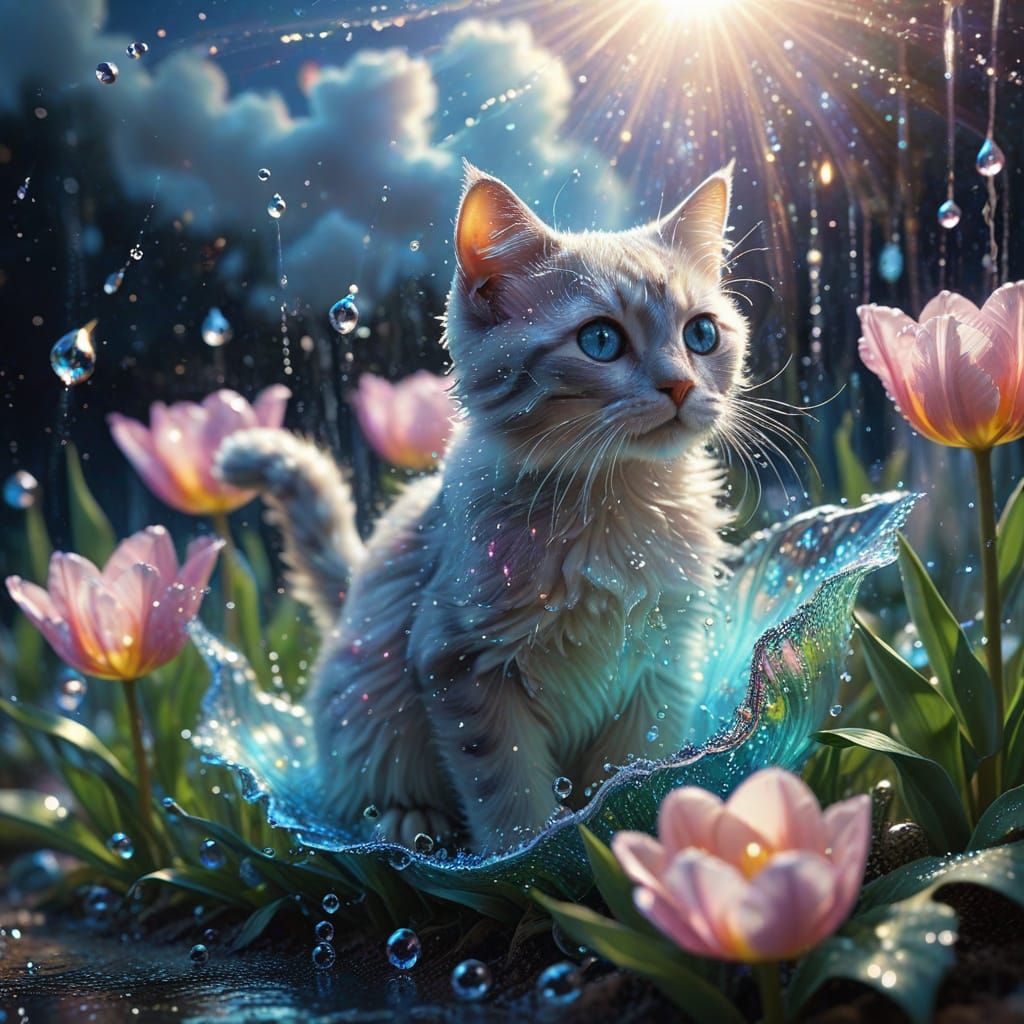 Dreamy Convex Painting of Kittens on a Tulip Petal in a Glow...