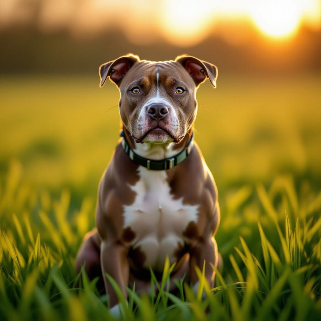 Photorealistic Pitbull in Golden Hour Light