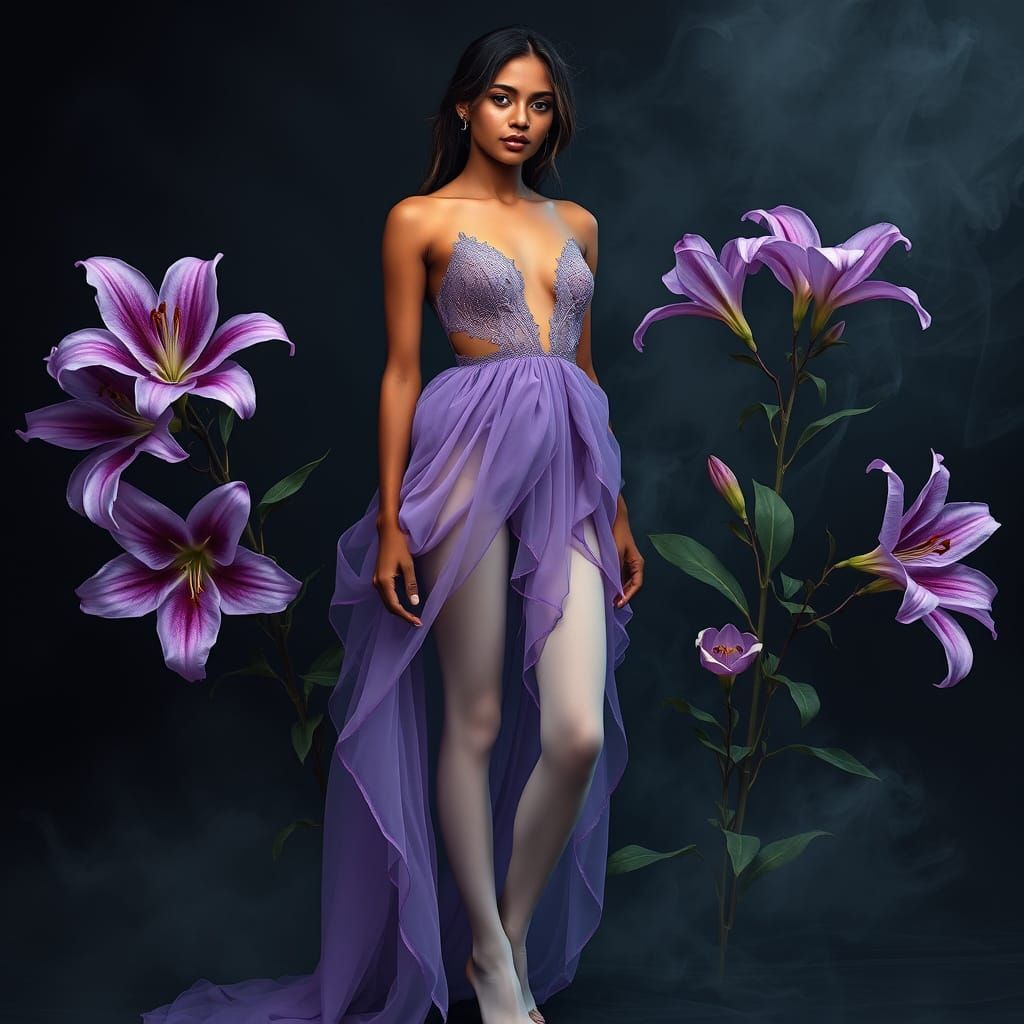 Gaunt Indian Woman in Lilies and Purple Gown
