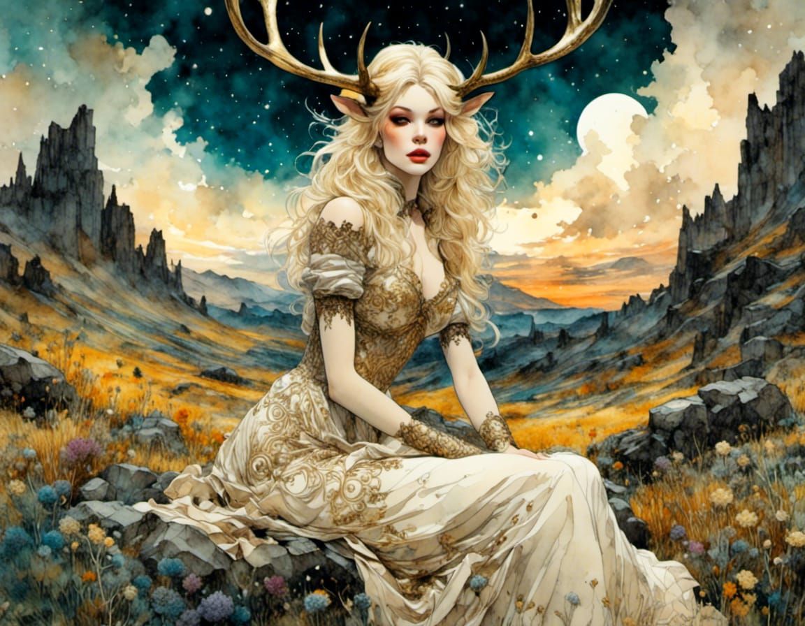 Defiant Woman with Antlers Under Moonlit Sky