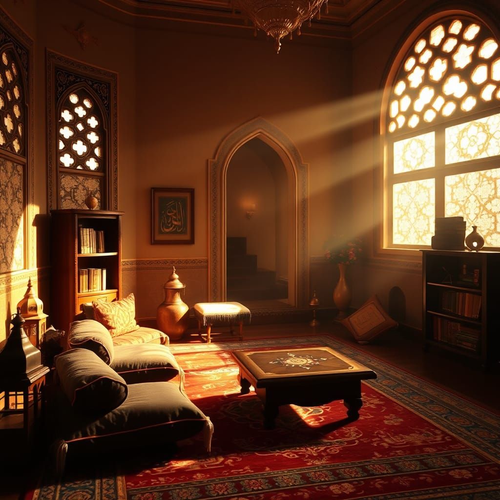 Inviting Islamic Room Interior with Golden Light