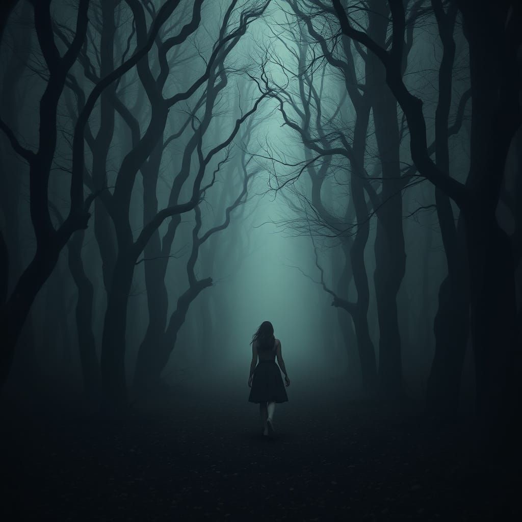 Mysterious Woman in a Dark, Twisted Forest Landscape