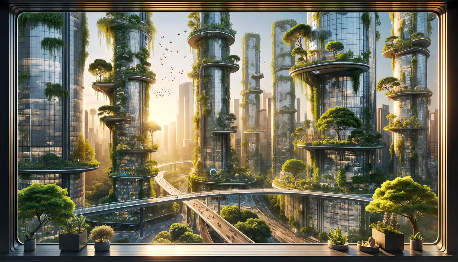 A realistic futuristic cityscape seen through a large window...