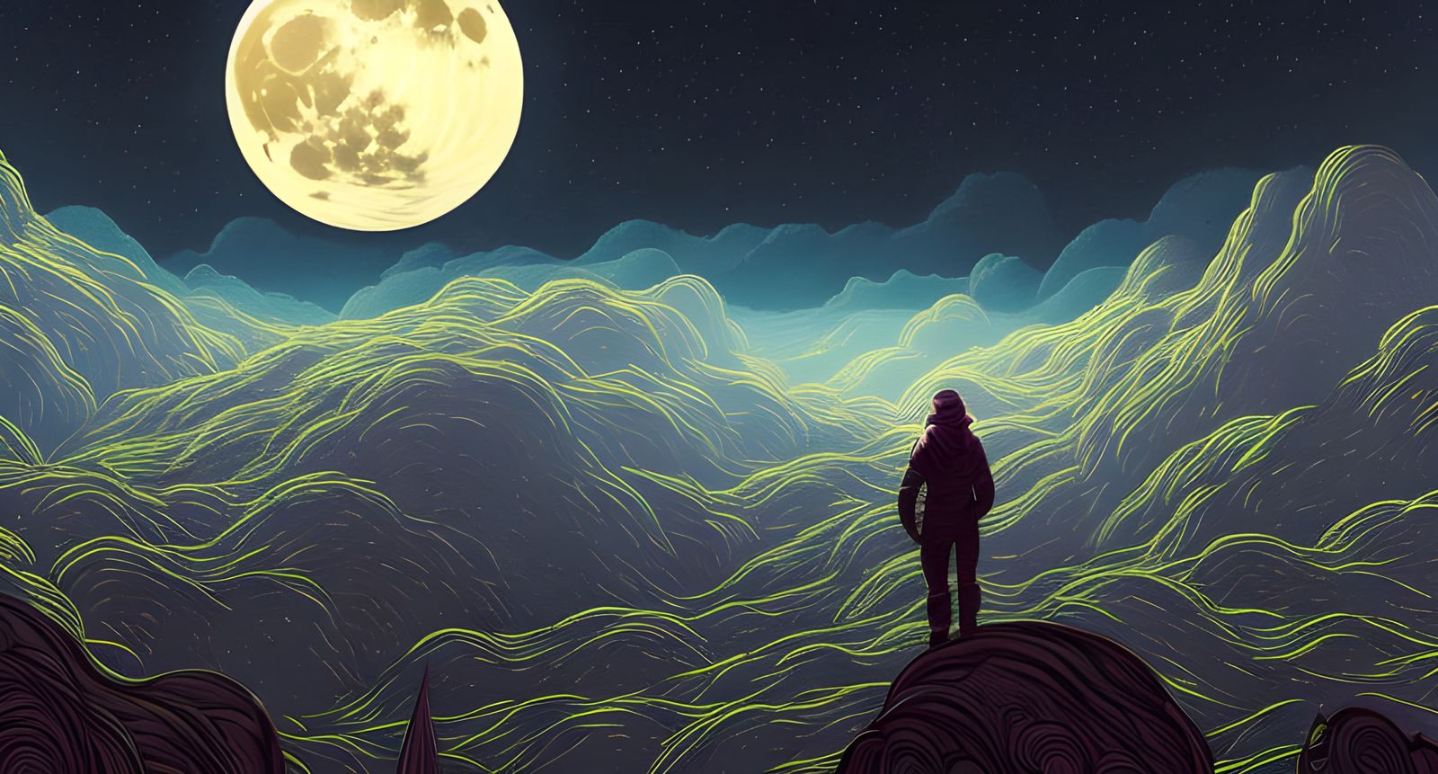 Dramatic Moon in Glittering Starry Night