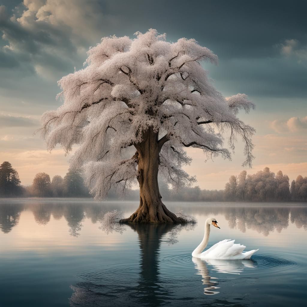 Swan and Magical Tree in Lake