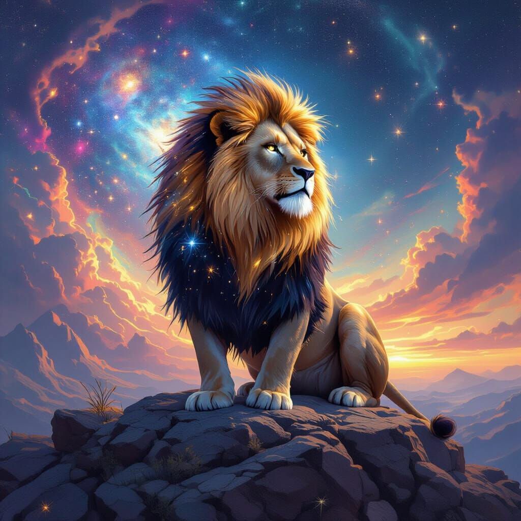 Cosmic Lion Overlooking Galaxy in Digital Painting