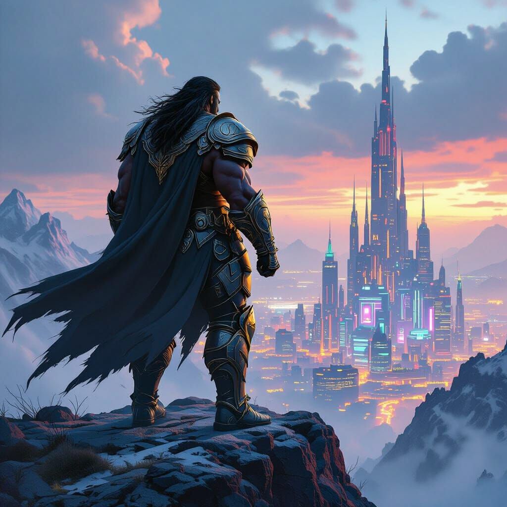 Barbarian King Surveys Cyberpunk Cityscape