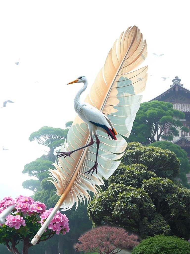 Surreal Pastel Dream: Crane on Feather in Distorted Japanese...