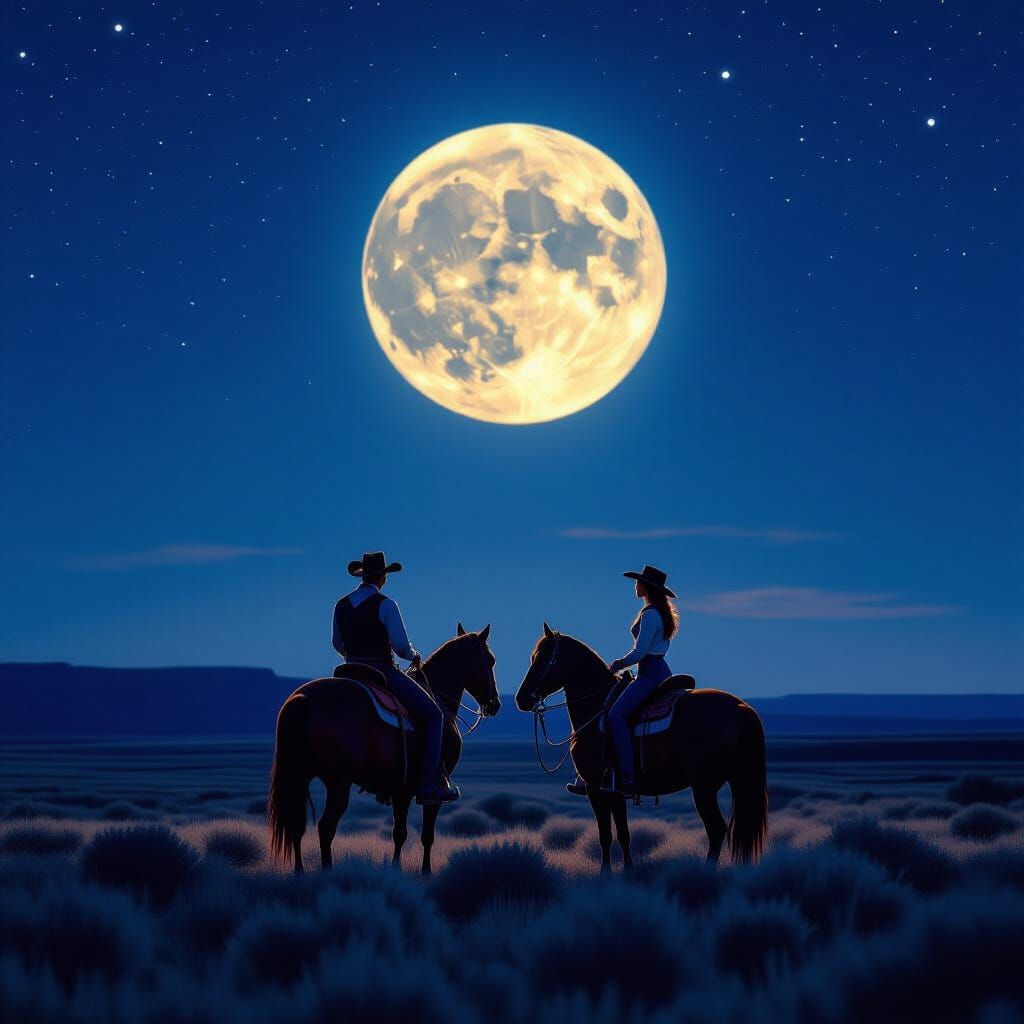 Cowboy and Cowgirl Under Full Moon on Open Range