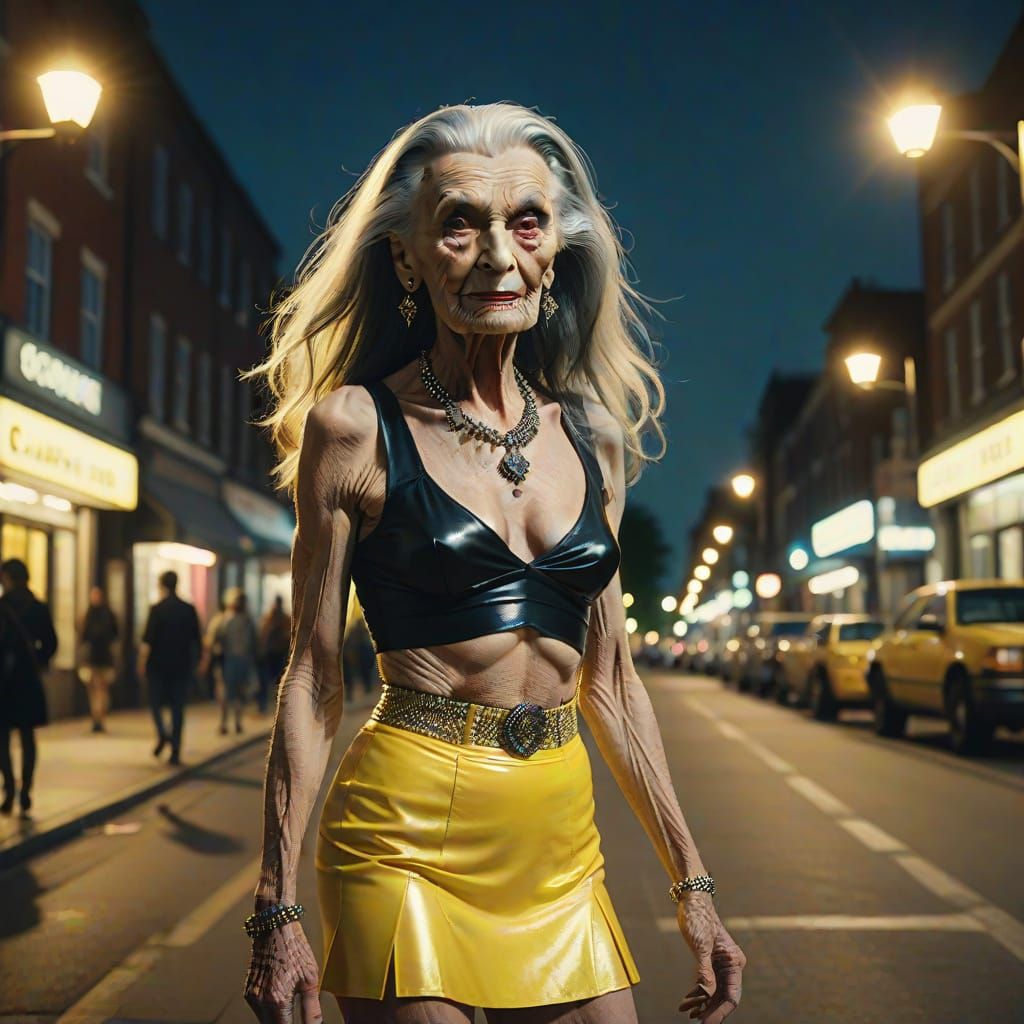 Dramatic Film Still of Elderly Cross-dresser in Street