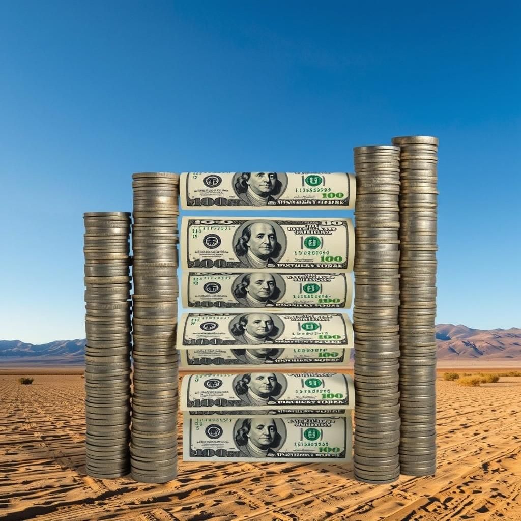 Fence Made of Money in Desert Landscape