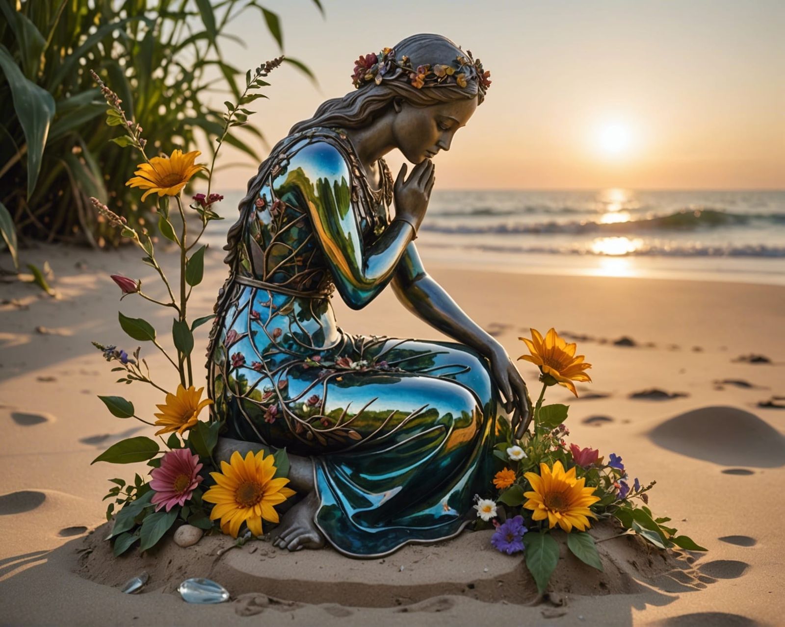 Glass Woman Filled with Flowers on a Beach