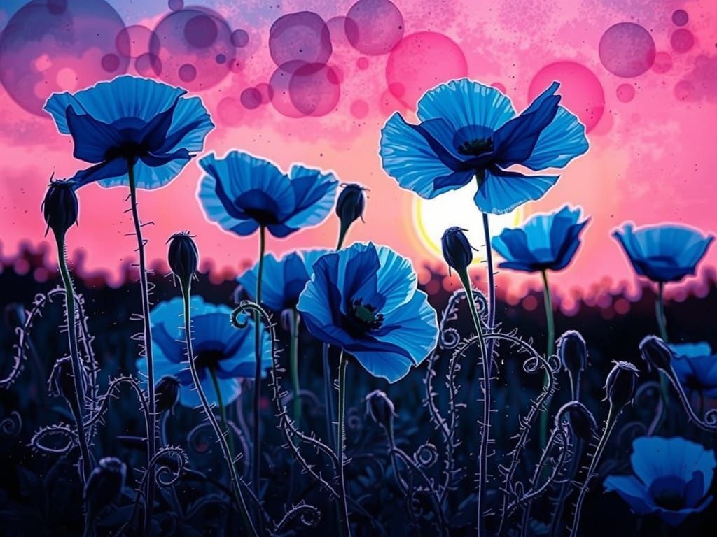 Blue Poppies in Pink Light: Ink Splash Watercolor Art