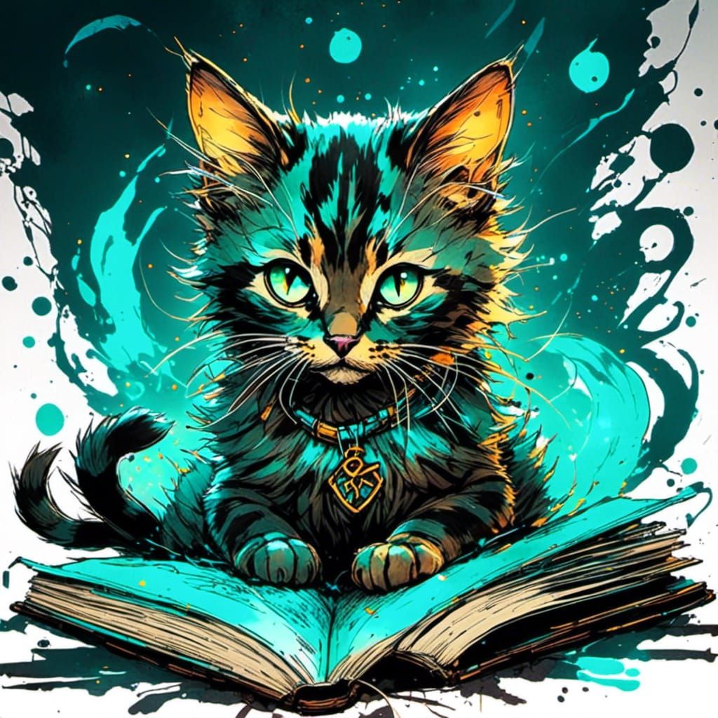 Magical Cat on Turquoise Book in Comic Style