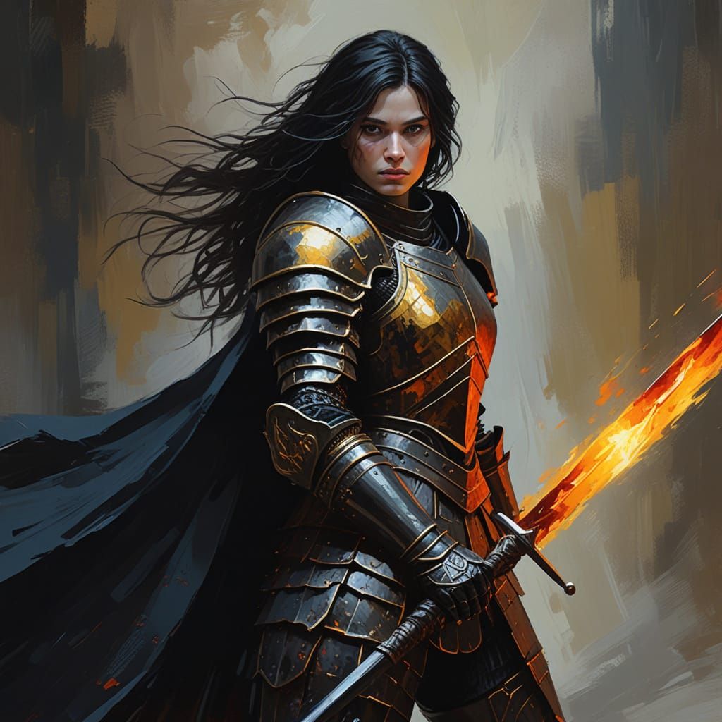 Female Knight with Flaming Sword: Expressionist Impasto