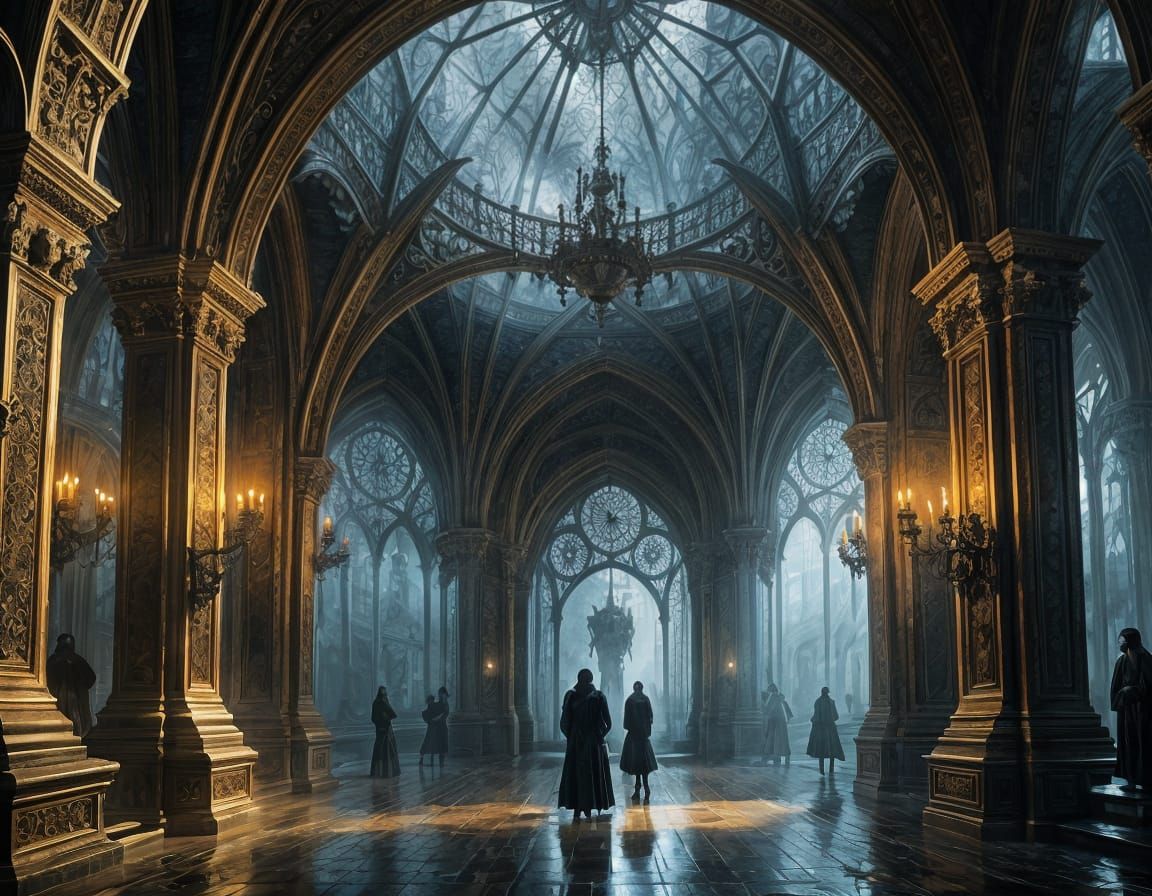 Mysterious Gothic Hall with Lurking Figures