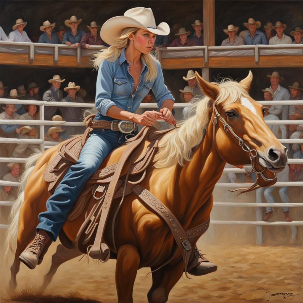 Cowgirl Rides Bronco: Hyperrealistic Oil Painting