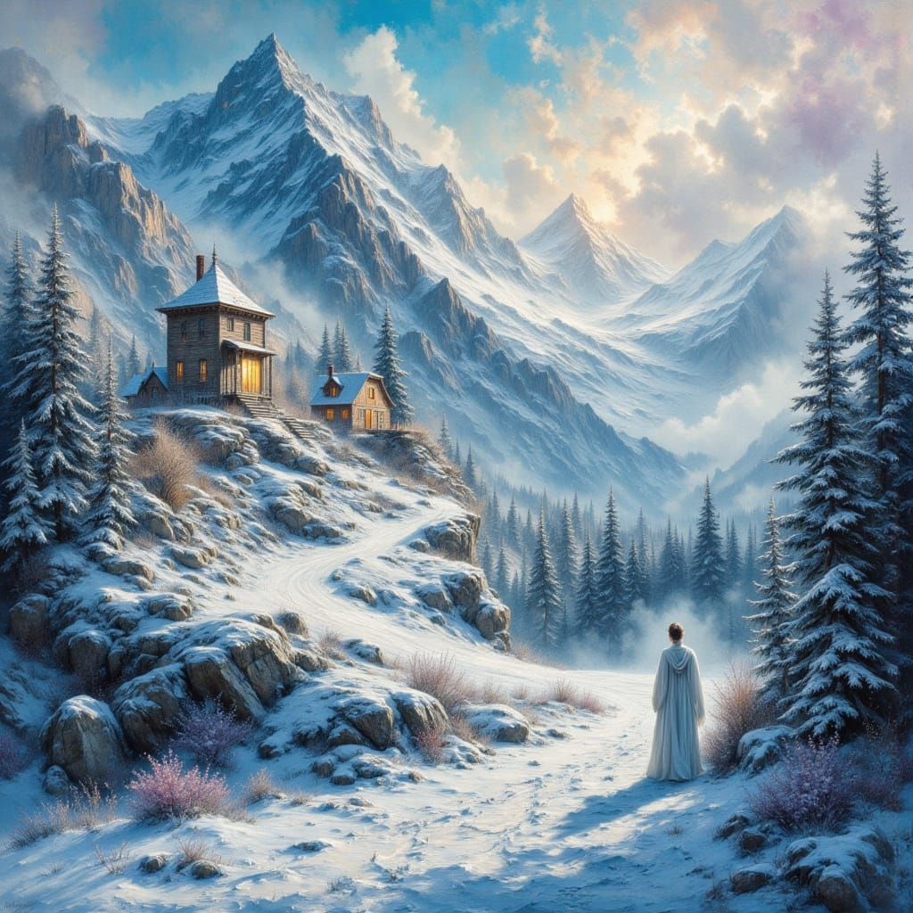 Ethereal Winter Goddess Mountainscape in Pastel Oil Style