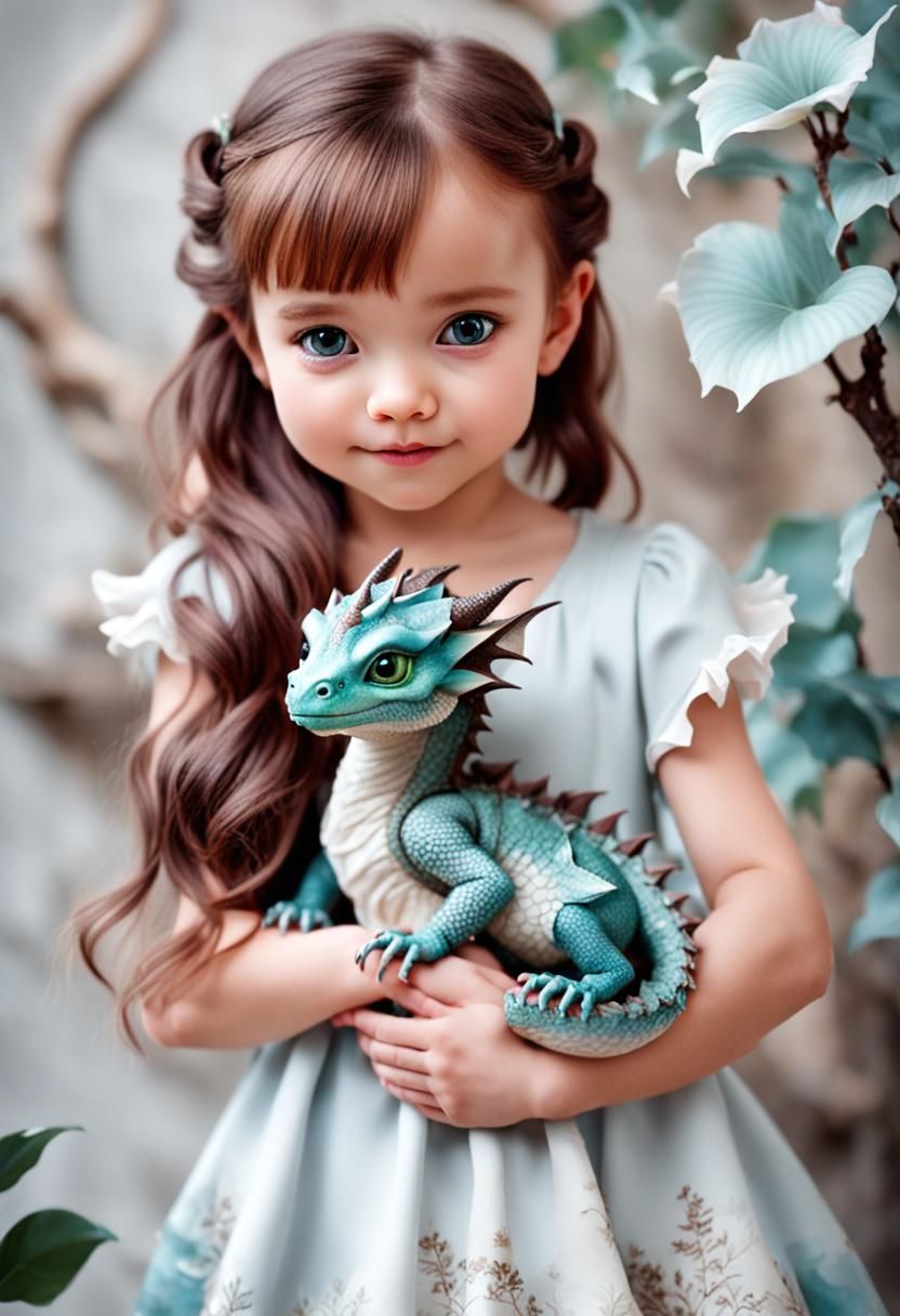 Girl and Dragon in Fantasy Landscape