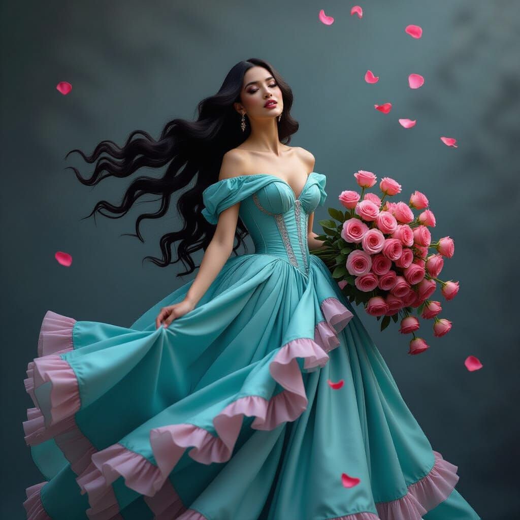 Graceful Woman in Teal Gown with Pink Roses