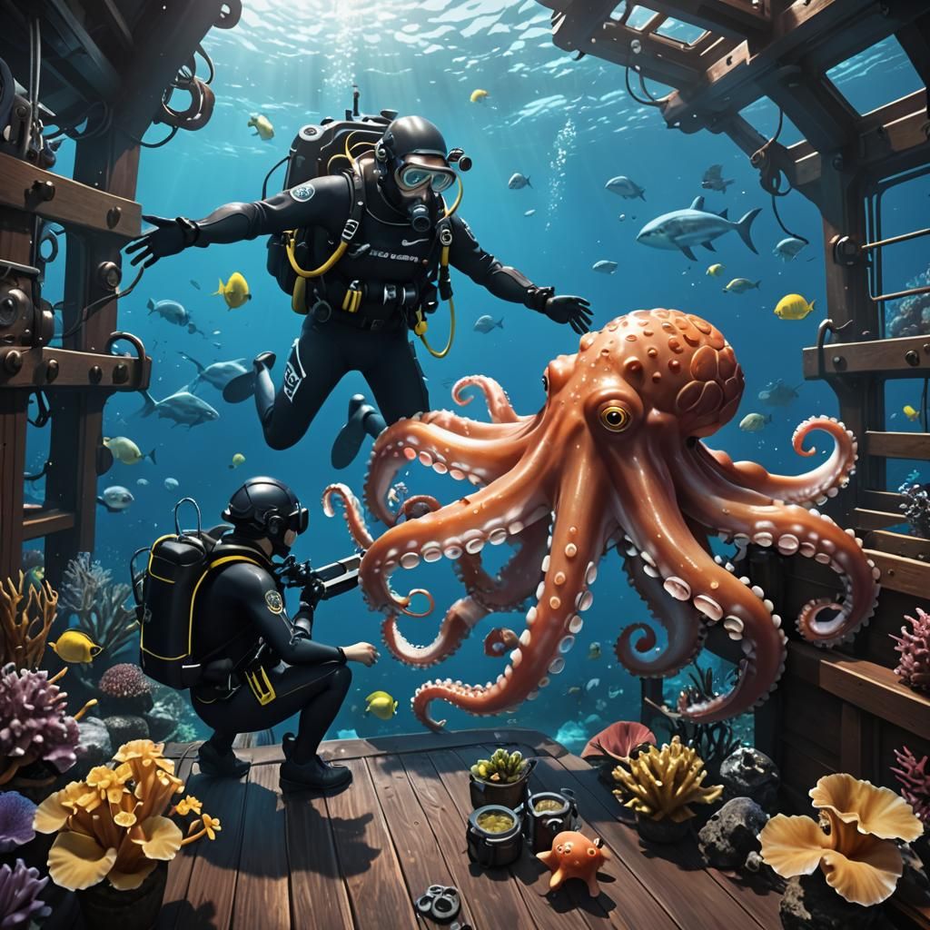 Scuba Diver's Cartoon Octopus Encounter in Anime Style