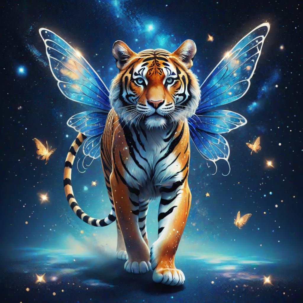 Surreal Cosmic Tigress with Glittering Fairy Wings