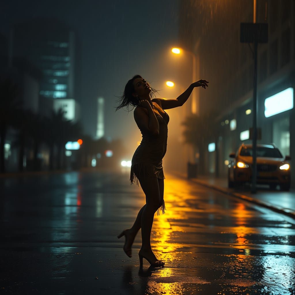 Rain Dancer in Noir Cityscape