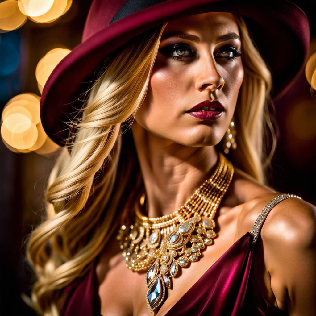 Woman in Burgundy Dress with Gold Dust Background