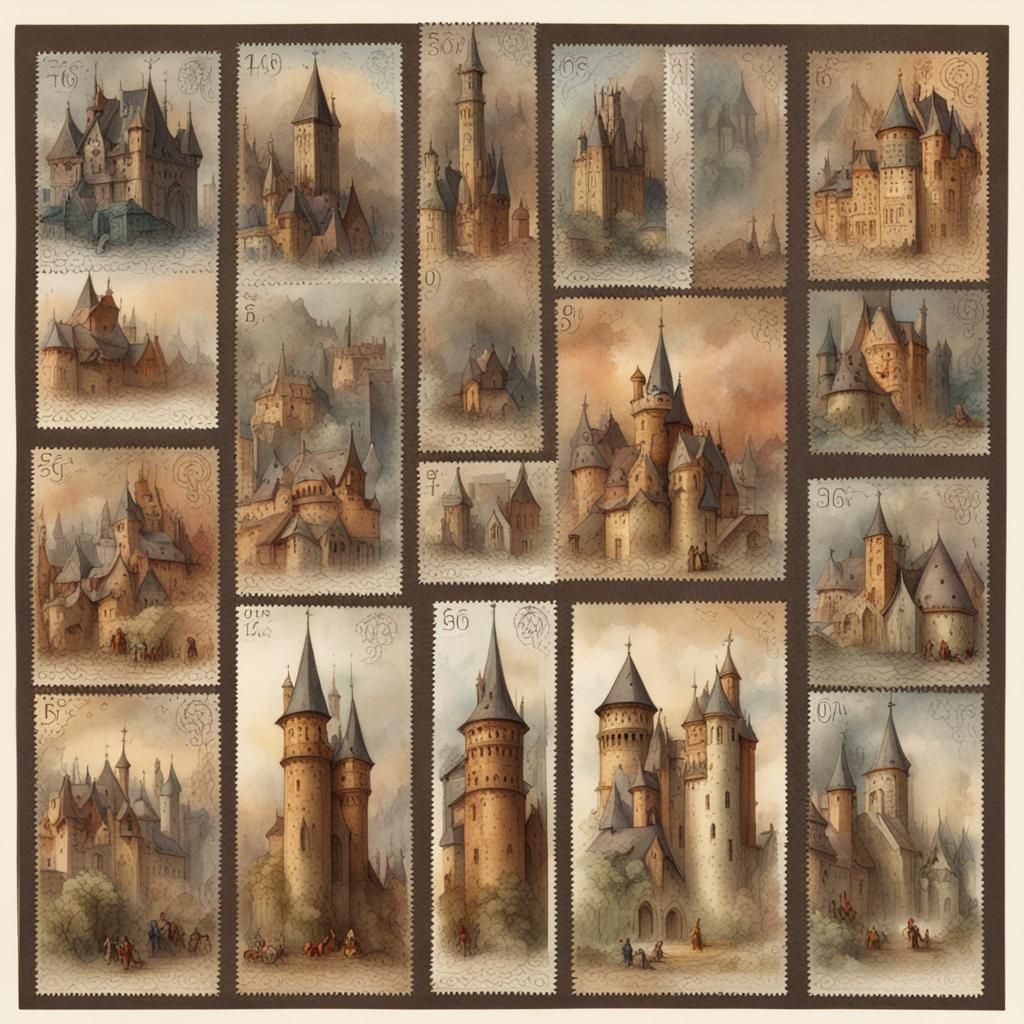 Medieval Postage Stamps in Watercolor Style