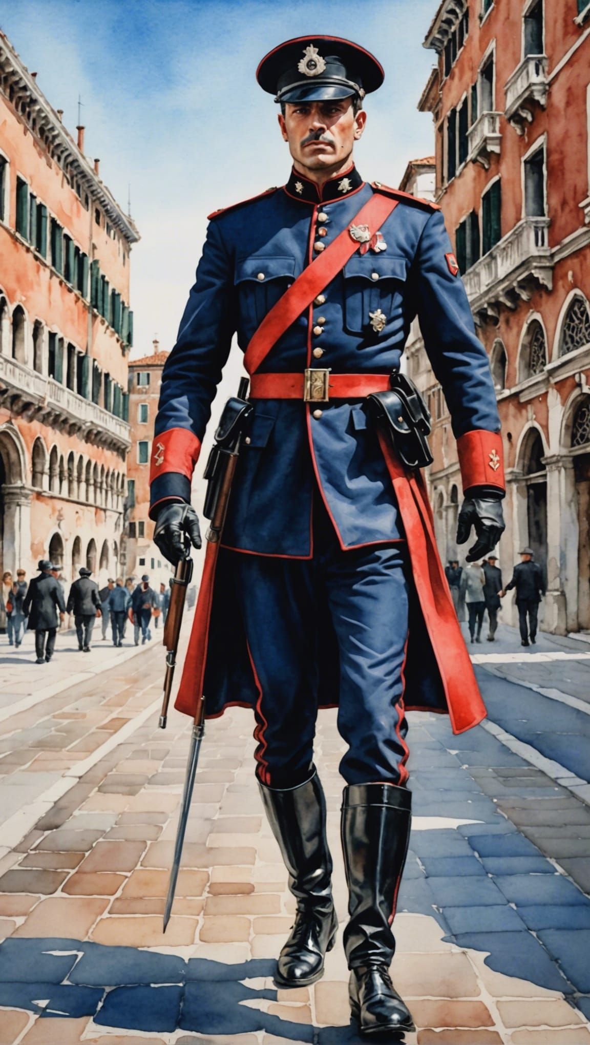 Italian Carabinieri Uniform in Venice: Watercolor Art