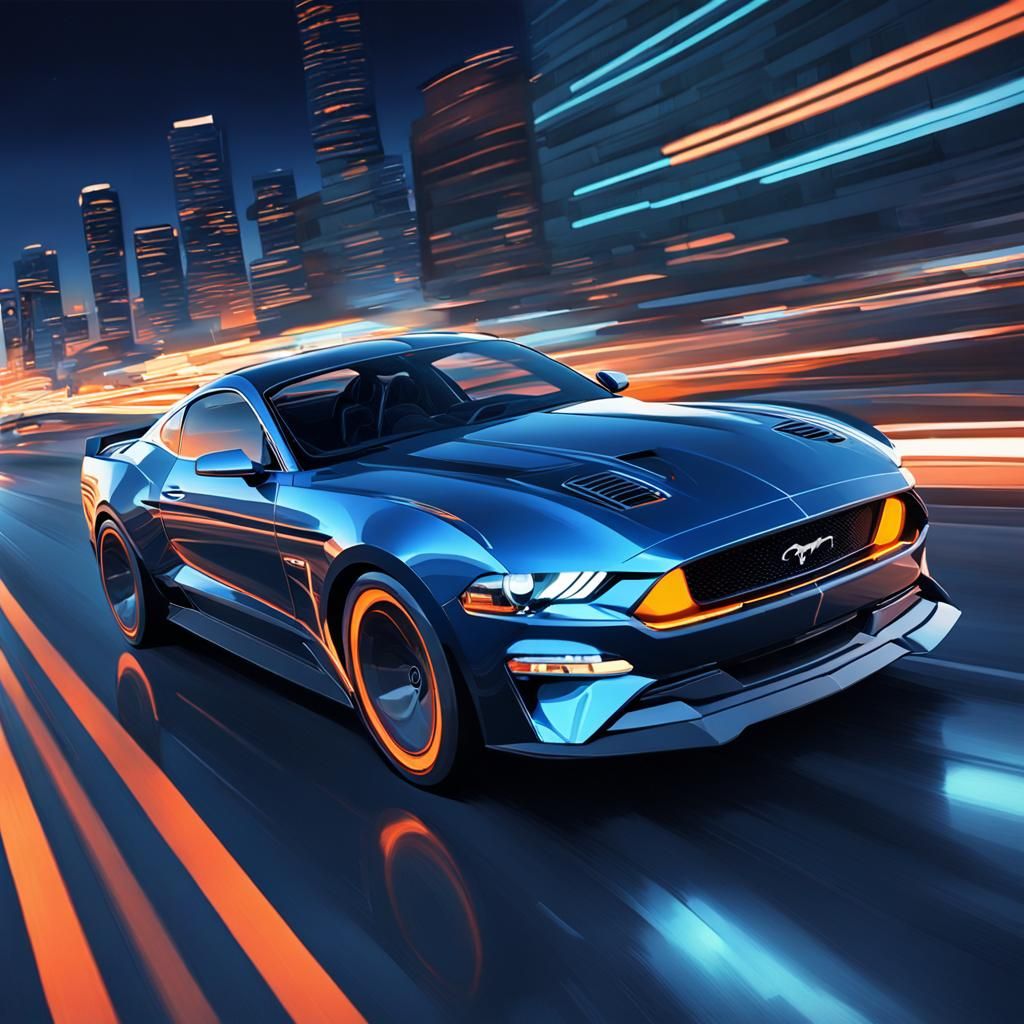 Midnight Blue Mustang Speeding, Syd Mead Concept Art