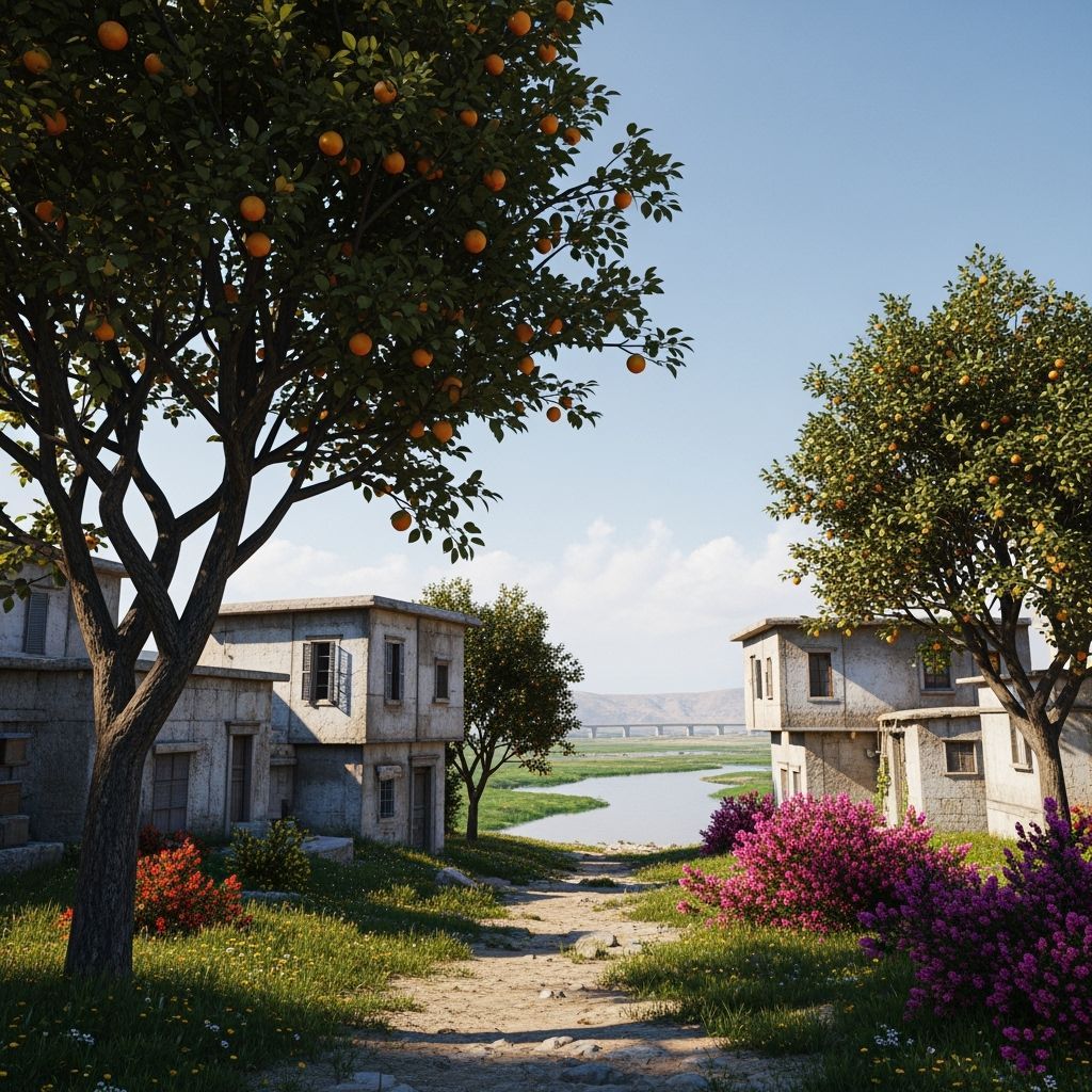 Painterly Lebanese Town by River in Matte Style