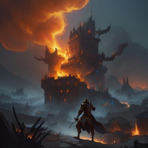 Assassin Protecting Mage in Burning Village, 3D Animation