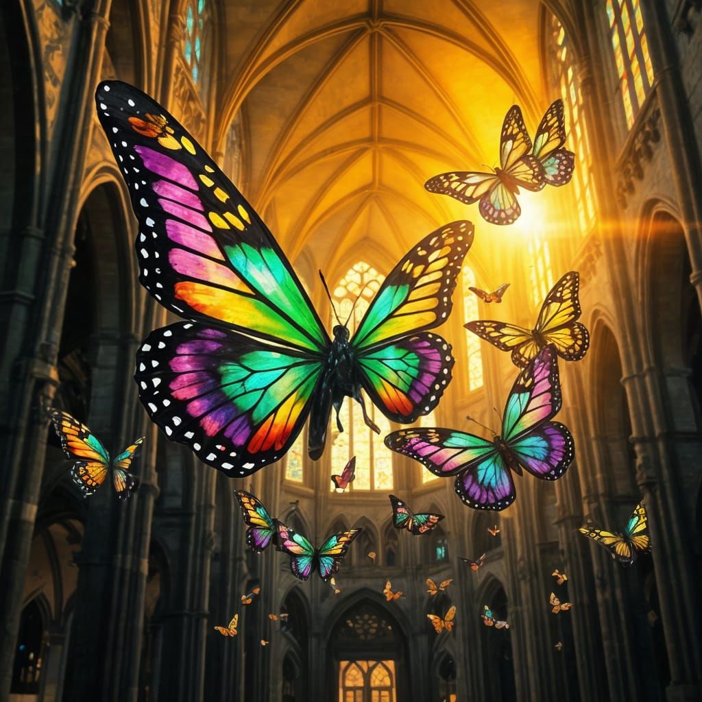 Butterflies in Stained Glass Cathedral